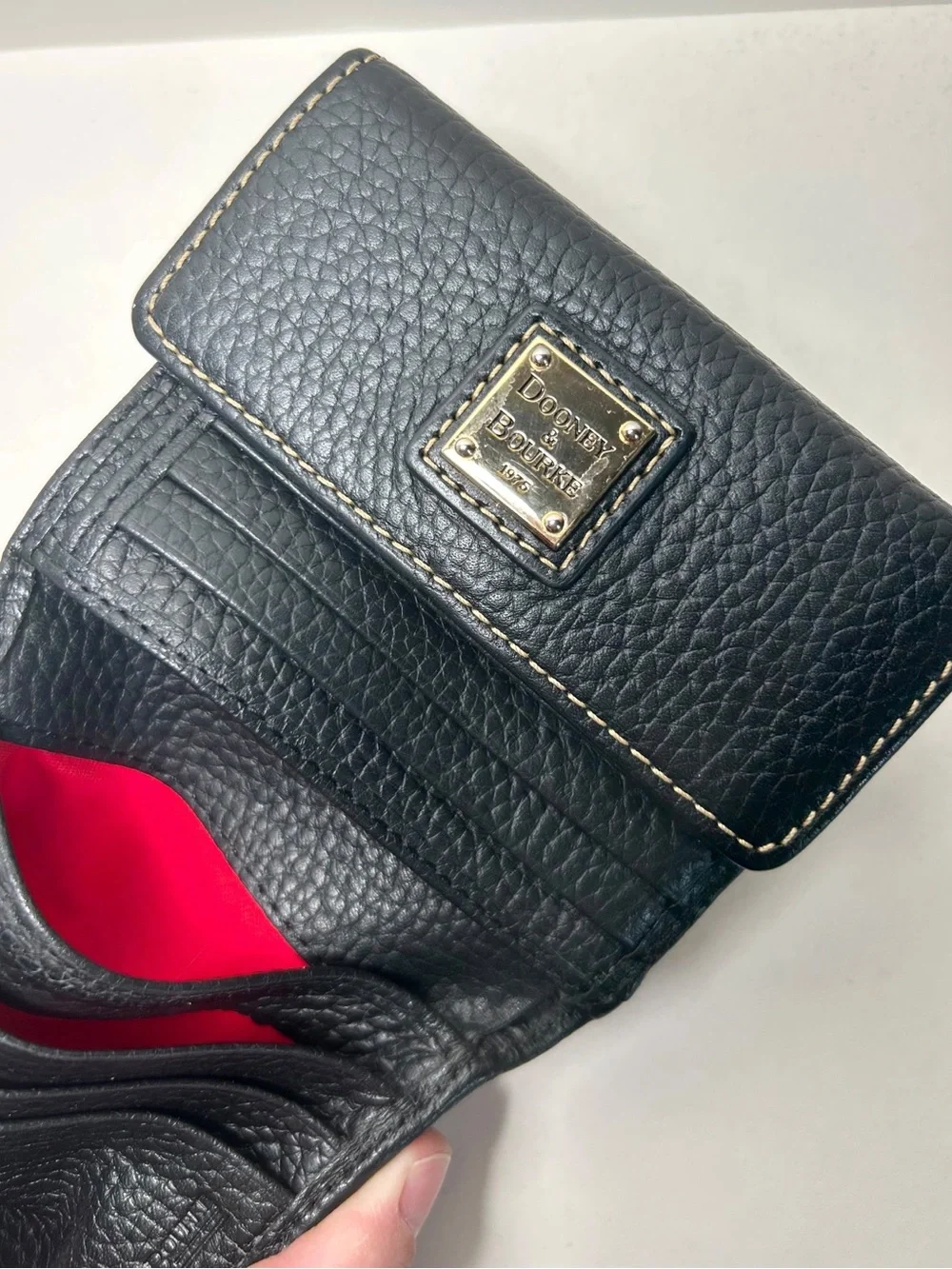 Dooney & Bourke Black Pebbled Leather Compact Trifold Wallet with Gold Plate EUC
